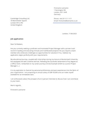 Cover letter example for Minimalist CV