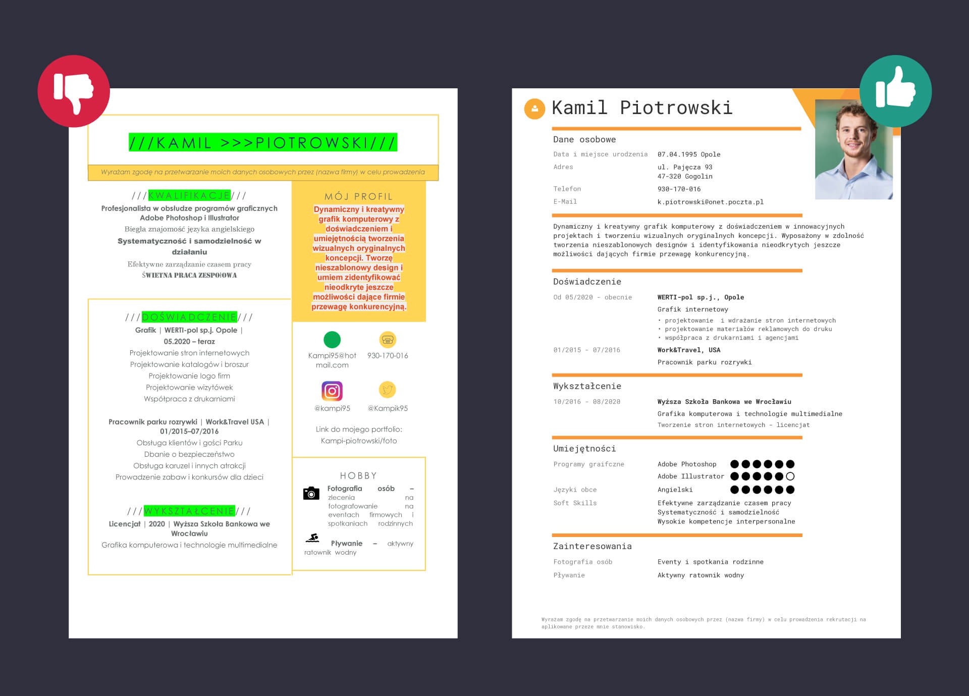 Zły i dobry przykład CV grafik komputerowy