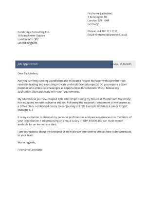 Cover letter example for Clearly structured CV