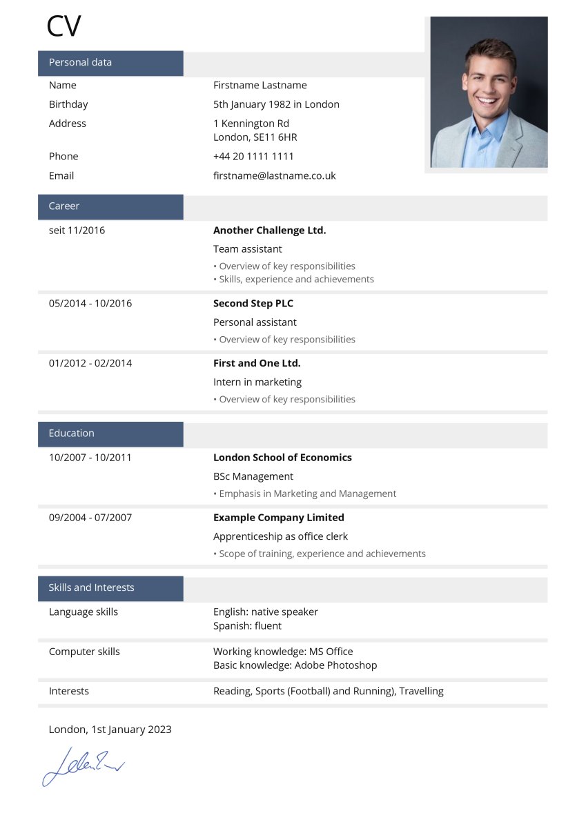 Example for Clearly structured CV