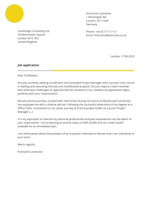 Cover letter example for CV template modern and dynamic