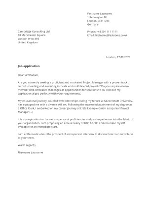 Cover letter example for Reputable CV